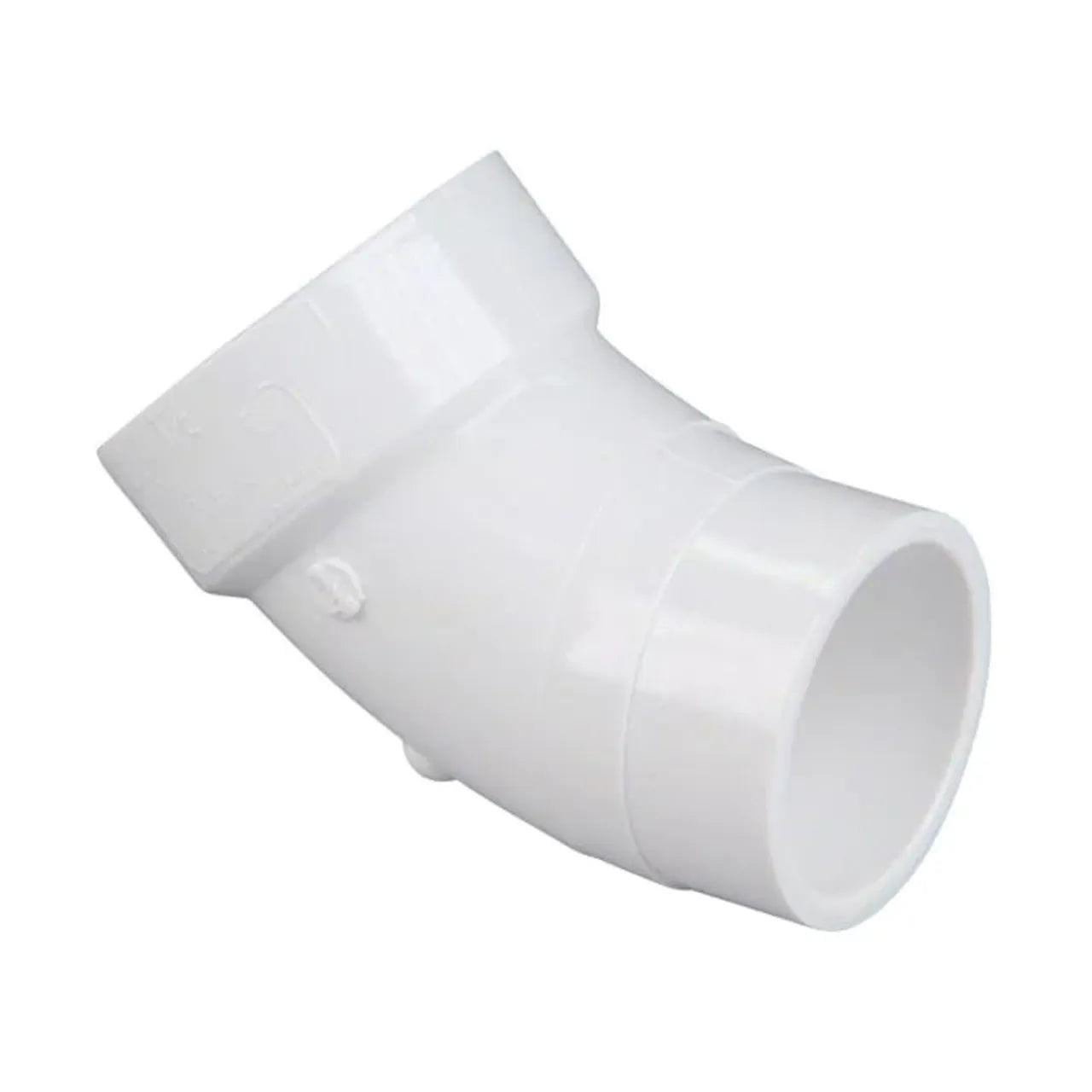 The Go Build 1-1/2 in. PVC DWV 45-Degree Spg x Hub Street Elbow connects two pipes at a 45° angle in plumbing systems.